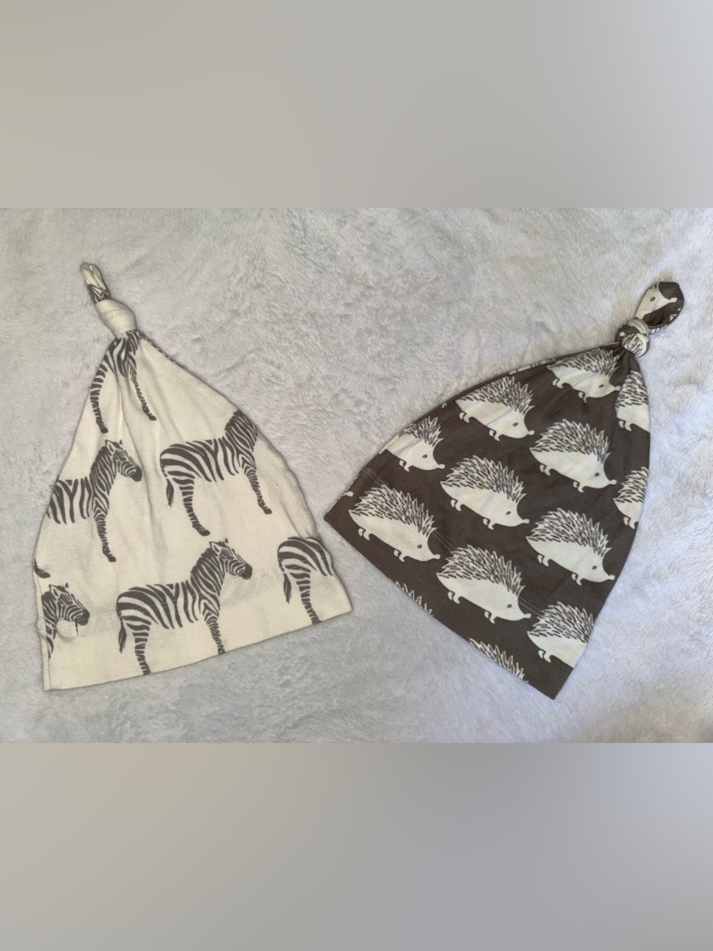 Milkbarn Neutral Zebra & Hedgehog Knot Beanies - White and Brown
